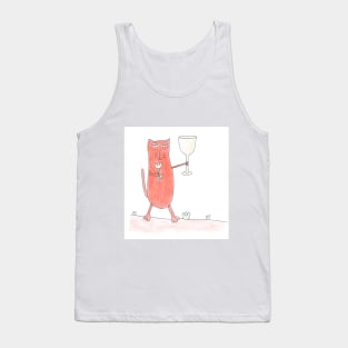 Cat congratulates on the holiday. Celebration, anniversary. Great event. Glass and flower. Watercolor illustration humorous. Humor, fun design modern Tank Top